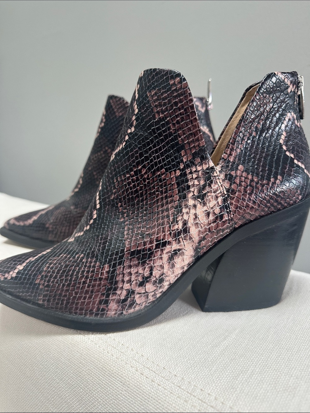 Vince Camuto Black and Blush Snake-Print Pointed Ankle Boots